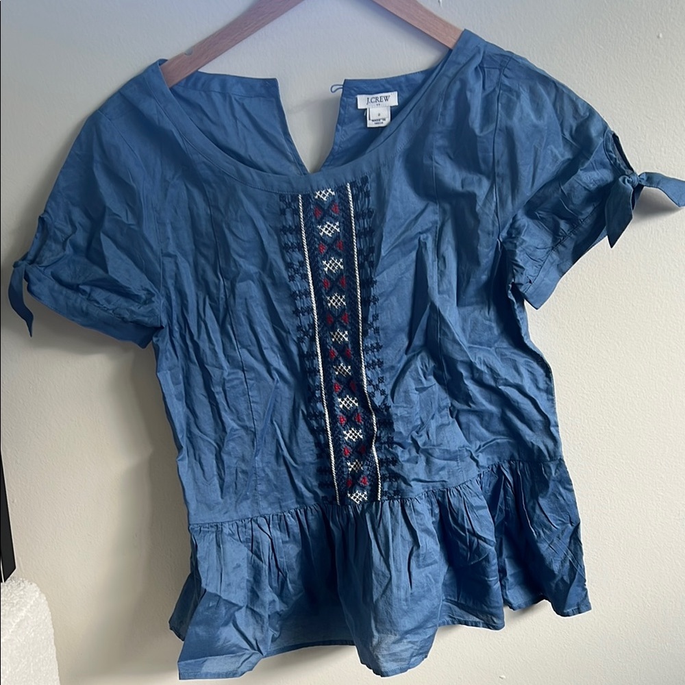 J. Crew Blue Cuffed Sleeve Peplum Blouse